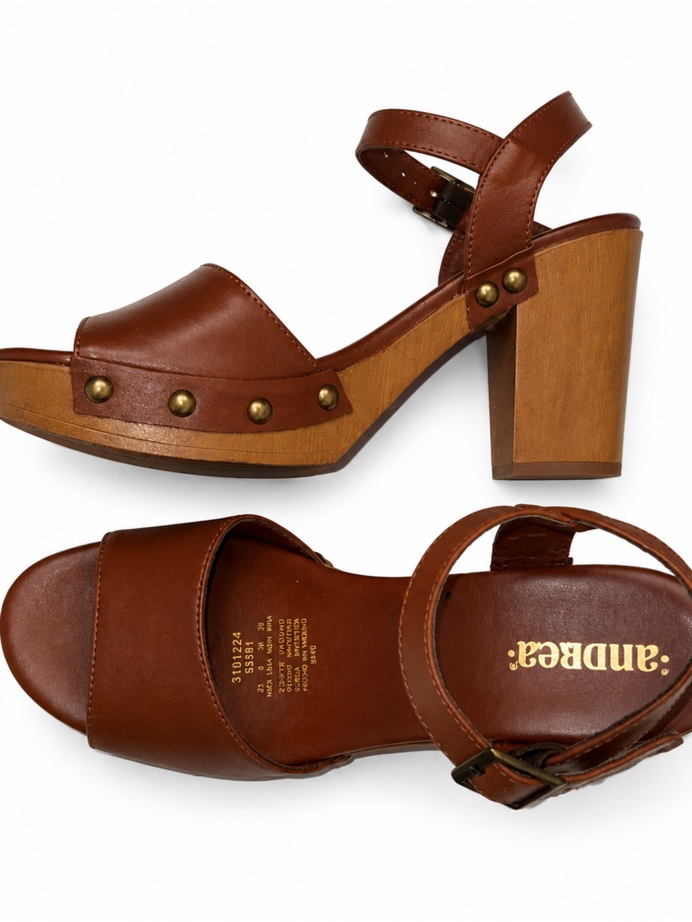 ANDREA FENZI Brown Leather Platform Sandal with Studded Wood Block Heel